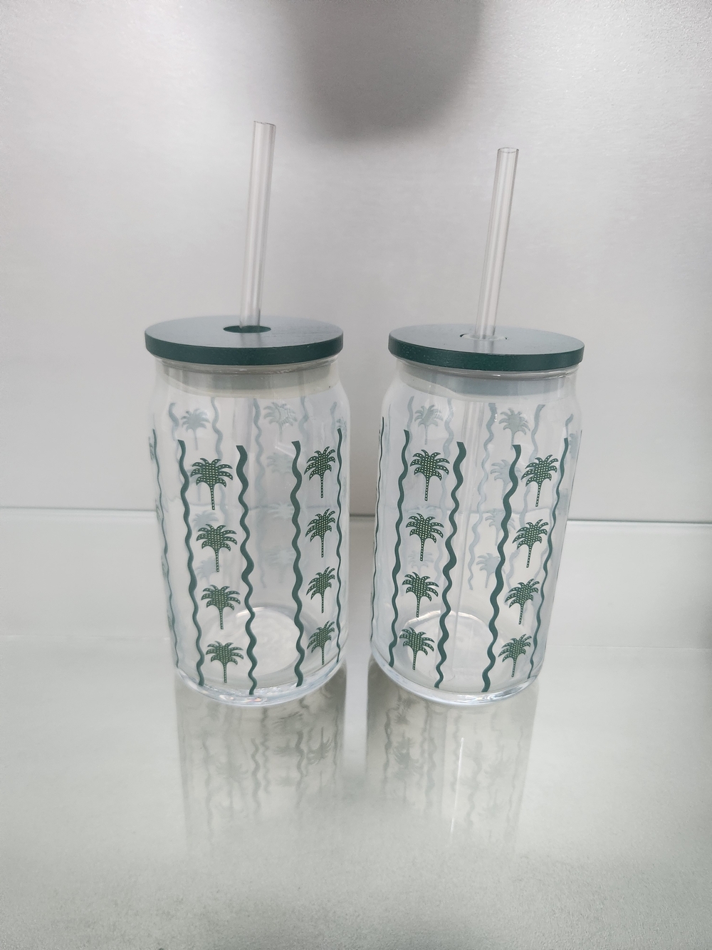 Set Of 2 Palm Tree Glass Tumbler with Straw & Lid: Tropical Iced Coffee Cup
